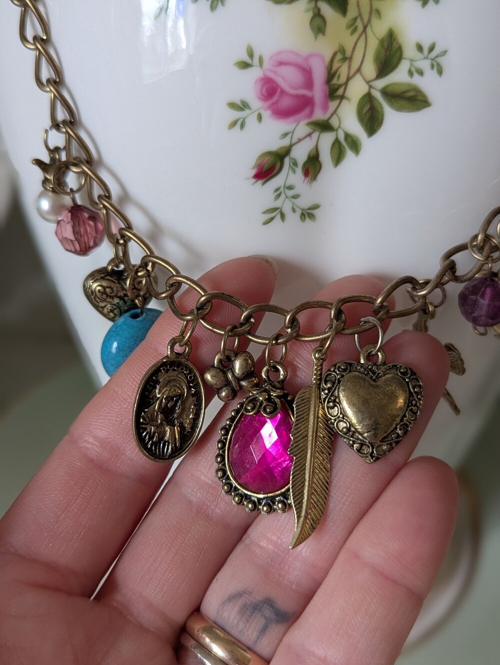 Set Goldtone Flower Hoop Antique Bronze Earrings Charm Necklace Vintage Inspired